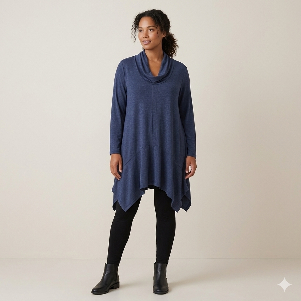 ​Nyah Blue Cowl Neck Sharkbite Hem Tunic XL Soft Lagenlook Boho Art-to-wear